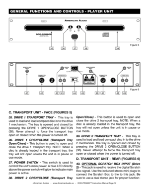 Page 12 GENERAL FUNCTIONS AND CONTROLS - PLAYER UNIT 
C. TRANSPORT UNIT - FACE (FIGURES 5)
35.  DRIVE  1  TRANSPORT  TRAY  -   This  tray  is 
used to load and load compact disc in to the drive 
1  mechanism.  The  tray  is  opened  and  closed  by 
pressing  the DRIVE  1  OPEN/CLOSE  BUTTON 
(36). Never  attempt  to  force  the  transport  tray 
open or closed when the power is turned off.
36.  DRIVE  1  OPEN/CLOSE  (Transport  Tray 
Open/Close)  -  This  button  is  used  to  open  and 
close  the  drive  1...