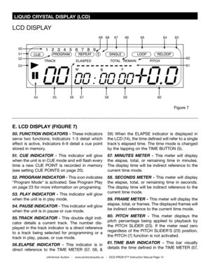 Page 14
 LIQUID CRYSTAL DISPLAY (LCD)
E. LCD DISPLAY (FIGURE 7)
50 . FUNCTION INDICATORS - These indicators 
serve  two  functions;  Indicators  1-3  detail  which 
effect  is  active,  Indicators  6-9  detail  a  cue  point 
stored in memory.
51 .  CUE  INDICATOR  -  This  indicator  will  glow 
when the unit is in CUE mode and will flash every 
time  a  new  CUE  POINT  is  recorded  in  memory 
(see setting CUE POINTS on page  20
).
52 . PROGRAM INDICATOR -  This icon indicates 
"Program  Mode"  is...