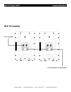 Page 14
OUTPUTINPUT
DLS15

DLS 15 Looping
From AmpliﬁerTo Next Speaker (If Applicable)
DLS 15™/DLS 15P™                                      Looping Speakers
OUTPUTINPUT
DLS15
©American Audio®   -   www.AmericanAudio.us   -  DLS 15™/DLS 15P™   -   Instruction Manual Page 14 