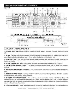 Page 8
©American Audio®   -   www.americanaudio.us   -   DP-2™ Instruction Manual Page 8
 gENErAL FUNCTIONS  AND CONTrOLS 
A. PLAYER -  FRONT  (FIgURE 1)
1.  POWER  BUTTON  - Press  and  hold  this  button  for  at  least  2  seconds  to  power  the  unit  on  and 
off.
2.  PITCH  LOCK  - This  function  allows  you  to  make  adjustments  to  a  tracks  speed  using  the  pitch 
control without altering its tonal pitch. When active the button LED will glow red.
3.  SYNC  B UTTON  -  Use  this  button  to  set...