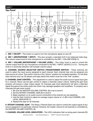 Page 7
 DX5R™                                           Controls and Features
1. MIC 1 ON/OFF - This button is used to turn the microphone signal on and off.
2.  MIC  1  (MICROPHONE  1  INPUT)  -  This  jack  accepts  a  standard XLR  3-pin  balanced  male  plug
. 
The volume output level for this microphone is controlled by the 
MIC 1 VOLUME KNOB (1).
3.  MIC  1  VOLUME  (MICROPHONE  1  VOLUME  LEVEL)  -  This  rotary  knob  is  used  to  control  the 
volume output level for any microphone connected to the...
