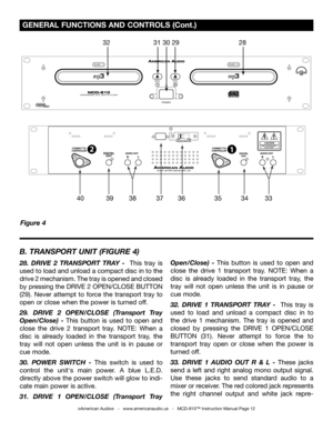 Page 12
AUDIOOUTDIGITALOUTRLAUDIOOUTDIGITALOUT
CONNECTTOCONTROLLER
RL
115VVOLTAGESELECTOR230V
1CONNECTTOCONTROLLER2

Figure 4
 GENERAL FUNCTIONS AND CONTROLS (Cont.)
©American Audio®   -   www.americanaudio.us   -   MCD-810™ Instruction Manual Page 12
B. TRANSPORT UNIT (FIGURE 4)
28. DRIVE  2  TRANSPORT  TRAY  -  This  tray  is 
used to load and unload a compact disc in to the 
drive 2 mechanism. The tray is opened and closed 
by pressing the  DRIVE 2 OPEN/CLOSE BUTTON 
(29). Never  attempt  to  force  the...