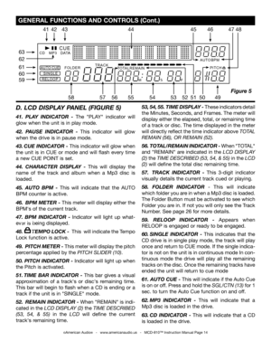 Page 14
©American Audio®   -   www.americanaudio.us   -   MCD-810™ Instruction Manual Page 14
 GENERAL FUNCTIONS AND CONTROLS (Cont.)
D. LCD DISPLAY PANEL (FIGURE 5)
41.  PLAY  INDICATOR  - The  "PLAY"  indicator  will 
glow when the unit is in play mode.
42.  PAUSE  INDICATOR  -  This  indicator  will  glow 
when the drive is in pause mode.
43. CUE INDICATOR -  This indicator will glow when 
the  unit  is  in  CUE  or  mode  and  will  flash  every  time 
a new CUE POINT is set.
44.  CHARACTER  DISPLAY...