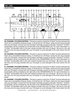 Page 13
©American Audio®   -   www.americanaudio.us   -   MX-1400 Instruction Manual Page 13
29. channe L 4 pLayer contro L - This jack is used to control the “ q-Start” function between the 
mixer and a compatible American Audio® or American DJ® CD Player. Using the mini plug included 
with your CD player, connect from the CD player controller out jack to this jack. Channel 4 “ q-Start” 
functionallity  will  be  controlled  by  the  left  side  of  the Crossfader  (16).  For  more  information  on 
“q -Start”...