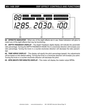 Page 18
©American Audio®   -   www.americanaudio.us   -   MX-1400 DSP Instruction Manual Page 18
  MX-1400  DSP                       DSP  EFFECT  CONTROLS aND  FUNCT iONS
63626160
60.    eFFects  indicator  - When  any  of  the  eight  effects  are  in  use,  these  indicators  will  glow  to 
match any of the eight effects that may be functioning.
61.   depth  F eedback  dispLa Y  - The  Depth  Feedback  digital  display  will  indicate  the  parameter 
ratio percentage. Turning the DEPTh FEEDbACk  kNOb (15)...