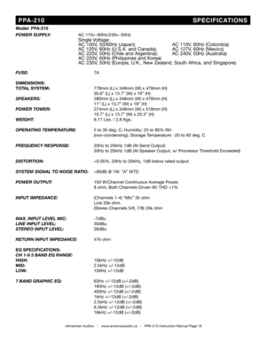 Page 18©American Audio®   -   www.americanaudio.us   -   PPA-210 Instruction Manual Page 18
 PPA-210                                           S PECiF iCAT iONS
Model: PPA-210
POWEr SUPPLY :    AC 115v~60hz/230v~50hz
    Single Voltage:
       AC 100V, 50/60hz (Japan);      AC 110V, 60hz (Colombia)
      AC 120V, 60hz (U.S.A. and Canada);  AC 127V, 60hz (Mexico)
      AC 220V, 50hz (Chile and Argentina);  AC 240V, 50hz (Australia)
      AC 220V, 60hz (Philippines and  korea)
      AC 230V, 50hz (Europe, U.k.,...