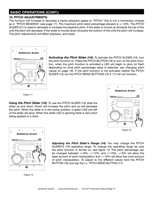 Page 15
©American Audio®   -   www.americandj.com   -   Pro-DJ™ Instruction Manual Page 15
 BASIC OPERATIONS (CONT.)
Activating  the  Pitch  Slider  (14): To  activate  the PITCH  SLIDER  (14),  turn 
the pitch function on. Press the  PITCH BUTTON (18) to turn on the pitch func
-
tion,  when  the  pitch  function  is  activated  a  LED  will  begin  to  glow  (or  flash 
depending  on  what  pitch  percentage  value  is  selected,  see  changing  pitch 
values  on  page  18).  If  the  pitch  function  is  not...