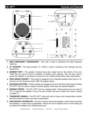 Page 6
©American Audio®   -   www.AmericanAudio.us   -  PXI 15P™   -   Instruction Manual Page 6
PXI 15P™                                                  Controls and Features
1.  HIGH  FREQUENCY  TRANSDUCER  – 
This  unit  is  used  to  reproduce  the  high  frequency 
response.
2.  15”  WOOFER  –  The  high-powered  15”  woofer  is  used  to  reproduce  the  midrange  and  low  frequencies.
3.  RUBBER  FOOT  –  The  speaker  includes  heavy-duty  rubber  feet  on  the  bottom  of  the  unit. 
These  feet...