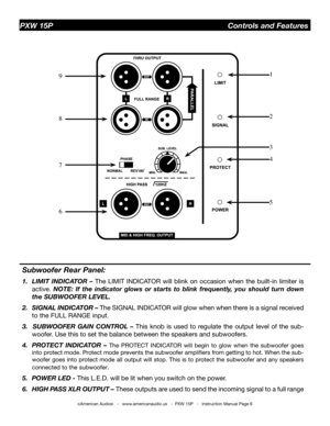 Page 6
Subwoofer Rear Panel:
1. LIMIT  INDICATOR  – The  LIMIT  INDICATOR  will  blink  on  occasion  when  the  built-in  limiter  is 
active. NOTE:  If  the  indicator  glows  or  starts  to  blink  frequently,  you  should  turn  down 
the SUBWOOFER LEVEL. 
2. SIGNAL INDICATOR – The SIGNAL INDICATOR will glow when when there is a signal received 
to the FULL RANGE input.
3.    SUBWOOFER  GAIN CONTROL  – This  knob  is  used  to  regulate  the  output  level  of  the  sub-
woofer. Use this to set the balance...
