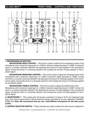 Page 8
AUX/IN

©American Audio® - www.AmericanAudio.com - Q-2422 MKII  User Instructions page 8
 Q-2422  MKII™
                                              FRONT PANEL - CONTROLS AND FUNCTIONS
1. MICROPHONE EQ SECTION -  
 
MICROPHONE BASS CONTROL - This knob is used to adjust the low frequency levels of the 
microphone with a maximum signal gain of 
+15 dB or maximum signal decrease of -30 dB. Turning the 
knob  in  a  counter-clockwise  direction  will  decrease  the  amount  of  bass  applied  to  the...