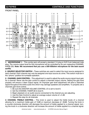 Page 8
  Q-FXPRO                                        CONTROLS  AND  FUNCTIONS
©American Audio®   -   www.americanaudio.us   -   Q-FXPRO Instruction Manual Page 8
1.   MICROPHONE 1 -  This  combo  jack will accept a standard 1/4 plug or XLR 3-pin balanced male 
plug. The volume output level for  this microphone will be controlled by  its own respective
 CHANNEL 
KNOB 
(29).  Note:  We  recommend  that  you  use  a  500-600ohm  microphone  for  the  best  sound 
quality.
2 . SOURCE SELECTOR SWITCH -  These...
