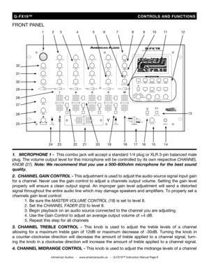Page 8
  Q-FX19™                                                                    CONTROLS  AND  FUNCTIONS
©American Audio®   -   www.americanaudio.us   -   Q-FX19™ Instruction Manual Page 8
1.   MICROPHONE 1 -  This  combo  jack will accept a standard 1/4 plug or XLR 3-pin balanced male 
plug. The volume output level for  this microphone will be controlled by  its own respective
 CHANNEL 
KNOB 
(27).  Note:  We  recommend  that  you  use  a  500-600ohm  microphone  for  the  best  sound 
quality.
2 ....