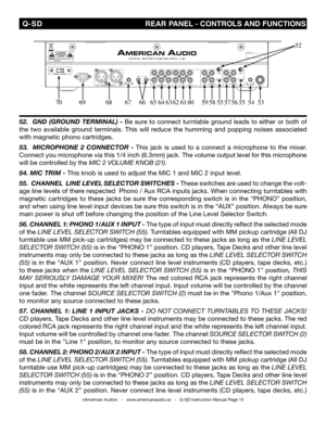 Page 15
©American Audio®   -   www.americanaudio.us   -   Q-SD Instruction Manual Page 15
  Q-SD                                             REAR PANEL - CONTROLS  AND fUNCTIONS
52.  G nD (G roun D ter Mina L) - Be sure to connect turntable ground leads to either or both of 
the  two  available  ground  terminals.  This  will  reduce  the  humming  and  popping  noises  associated 
with magnetic phono cartridges.
53.    Microphone  2  connector - This  jack  is  used  to  a  connect  a  microphone  to  the...