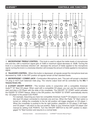 Page 51
22
21
20
19
18
17 8
7
6
5
4
3
2 10
26 
25
24
23 9
15
14
13
12
11
30
29
28
27 16
32
31  Q-SPAND™                      CONTROLS AND FUNCTIONS
1. M ICROPHONE TR EBLE CONTROL - This knob is used to adjust th e treble levels of microphones 
one and two, with a maximum signal gain of 15dB or maximum signal decrease of -30dB. Turning the 
knob in a counter-clockwise direction will  decrease the amount of treble applied to the microphone 
signal, turning the knob in a clockwise direction will  increase the...