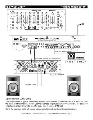 Page 17
SERIALNO:3
MINMAXTRIMOUTPUT

©American Audio®   -   www.americanaudio.us   -   Q-Spand MKII™ Instruction Manual Page 17
 Q-SPAND  MKII™ 
                                                                                              TYPICAL MIXER SET-UP
Speaker Cables
Balanced XLR male to XLR female Cables
C A S S E T T E   D E C K
American Audio V4000™
Typical Balanced Output Set-up
This  image  details  a  typical  stereo  output  layout.  Note  the  use  of  the  Balanced  XLR  Jacks  on  both 
the...