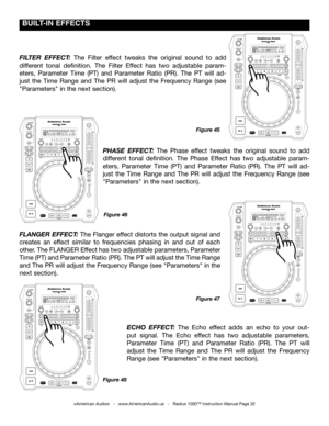 Page 32
©American Audio®   -   www.AmericanAudio.us   -   Radius 1000™ Instruction Manual Page 32
Figure 46
FLANgER EFFECT: The Flanger effect distorts the output signal and 
creates  an  effect  similar  to  frequencies  phasing  in  and  out  of  each 
other. The FLANGER Effect has two adjustable parameters, Parameter 
Time (PT) and Parameter Ratio (PR). The PT will adjust the Time Range 
and The PR will adjust the Frequency Range (see "Parameters" in the 
next section).
 BUILT-IN EffECTS
Figure 45...