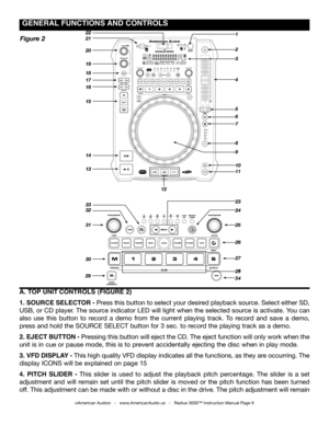 Page 9
 gENERAL  fUNCTIONS  AND CONTROLS 
©American Audio®   -   www.AmericanAudio.us   -   Radius 3000™ Instruction Manual Page 9
Figure 2
A. TOp UNIT CONTROLS (fIgURE 2)
1. SOURCE SELECTOR - Press this button to select your desired playback source. Select either SD, 
USB, or CD player. The source indicator LED will light when the selected source is activate. You can 
also  use  this  button  to  record  a  demo  from  the  current  playing  track.  To  record  and  save  a  demo, 
press and hold the SOURCE...