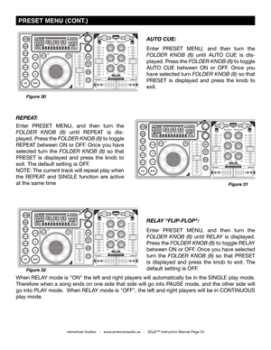 Page 24
©American Audio®   -   www.americanaudio.us   -   SDJ2™ Instruction Manual Page 24
 PrESET mENU (CONT .)
REPEAT: 
Enter  PRESET  MENU,  and  then  turn  the 
folDer  knob   (8)  until  REPEAT  is  dis-
played. Press the folDer  knob (8) to toggle 
REPEAT between ON or OFF. Once you have 
selected  turn  the folDer  knob  (8)  so  that 
PRESET  is  displayed  and  press  the  knob  to 
exit. The default setting is OFF. 
NOTE: The current track will repeat play when 
the  REPEAT  and  SINGLE  function...