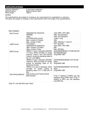 Page 30tracking detection  3 spot beam detection
Optical source  Semiconductor laser
Wave length 780nm
nOtES:
the specifications are subject to change to any improvement by negotiations in advance.
the parts are subject to change to any improvement within the range of the specifications.
 SPECifiCaTiONS
MP3 FO RM AT
Applicable file  extension s  mp3. MP3.  mP3. Mp3 
ISO9660 Max. 63 cha racters 
Joliet Max. 63 cha racters 
CD-ROM sector  format  mode-1 only 
Max. numbe r of  Folders  255
Disc Format 
Max. numbe...