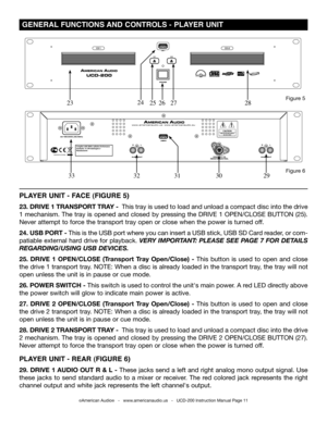 Page 11©American Audio®   -   www.americanaudio.us   -   UCD-200 Instruction Manual Page 11
 GENERAL FUNCTIONS AND CONTROLS -  PLAYER UNIT 
Figure 6
Figure 5
3031293332
PLAYER UNIT - FACE (FIGURE 5)
23. DRIVE 1 TRANSPORT TRA y -  This tray is used to load and unload a compact disc into the drive 
1 mechanism. The tray is opened and closed by pressing the DRIVE 1 OPEN/CLOSE  BUTTON (25). 
Never attempt to force the transport tray open or close when the power is turned off.
24. USB PORT - This is the USB port...