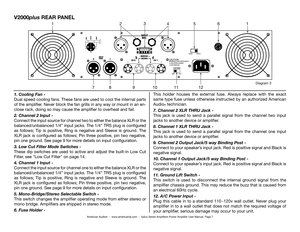 Page 7V2000plus REAR PANEL
1. Cooling Fan - 
Dual speed cooling fans. These fans are used to cool the internal parts 
of the amplifier. Never block the fan grills in any way or mount in an en-
close rack, doing so may cause the amplifier to overheat and fail.
2. Channel 2 Input - 
Connect the input source for channel two to either the balance XLR or the 
balanced/unbalanced 1/4” input jacks. The 1/4” TRS plug is configured 
as  follows;  Tip  is  positive,  Ring  is  negative  and  Sleeve  is  ground.  The...