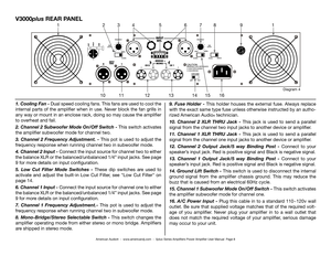 Page 8V3000plus REAR PANEL
1. Cooling Fan - Dual speed cooling fans. This fans are used to cool the 
internal  parts  of  the  amplifier  when  in  use.  Never  block  the  fan  grills  in 
any way or mount in an enclose rack, doing so may cause the amplifier 
to overheat and fail.
2. Channel 2 Subwoofer Mode On/Off Switch - This switch activates 
the amplifier subwoofer mode for channel two.
3. Channel 2 Frequency Adjustment. - This pot is used to adjust the 
frequency response when running channel two in...