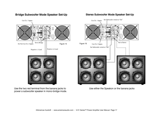 Page 17
©American Audio®  -  www.americanaudio.com  -  V-01 Series™ Power Amplifier User Manual  Page 17
Use either the Speakon or the banana jacks
Use the two red terminal from the banana jacks to 
power a subwoofer speaker in mono-bridge mode.
Stereo Subwoofer Mode Speaker Set-UpBridge Subwoofer Mode Speaker Set-Up
Negative (-) LeadPositive (+) Lead
Use Ch. 1 Inputs
Do Not Use Ch. 2 InputsSet to Bridge
Use Ch. 1 Inputs
Use Ch. 2 InputsFigure 15Figure 16
X
Set Subwoofer switch to “On” 
Set Subwoofer switch to...