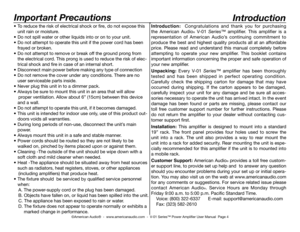 Page 4
Important Precautions
•   To reduce the risk of electrical shock or ﬁre, do not expose this  
   unit rain or moisture.
•   Do not spill water or other liquids into or on to your unit.
•   Do not attempt to operate this unit if the power cord has been  
   frayed or broken.
•   Do not attempt to remove or break off the ground prong from  
   the electrical cord. This prong is used to reduce the risk of elec- 
   trical shock and ﬁre in case of an internal short.
•   Disconnect
 main power before making...