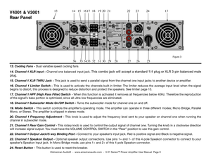 Page 8
13. Cooling Fans - Dual variable speed cooling fans
14. Channel 1 XLR input - Channel one balanced input jack. This combo  jack will accept a standard 1/4 plug or XLR 3-pin balanced male 
plug. 
15. Channel 1 XLR THRU Jack - This jack is used to send a parallel signal from the channel one input jacks to another device or amplifier.
16.  Channel  1  Limiter  Switch  -  This  is  used  to  activate  the  channels  built-in  limiter.  The  limiter  reduces  the  average  input  level  when  the  signal...