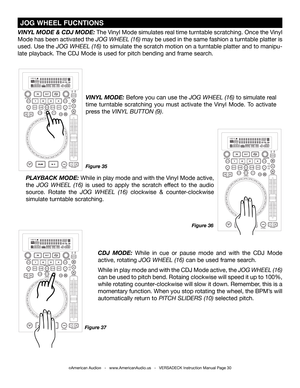 Page 30©American Audio®   -   www.AmericanAudio.us   -   VERSADECK Instruction Manual Page 30
 JOG WHEEL FUCNTIONS
Figure 35
VINYL MODE & CDJ MODE: The Vinyl Mode simulates real time turntable scratching. Once the Vinyl 
Mode has been activated the JOG WHEEL (16) may be used in the same fashion a turntable platter is 
used. Use the JOG WHEEL (16) to simulate the scratch motion on a turntable platter and to manipu-
late playback. The CDJ Mode is used for pitch bending and frame search.
VINYL MODE: Before you can...