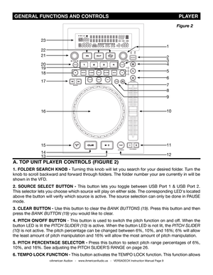 Page 9 GENERAL FUNCTIONS AND CONTROLS                                               PLAYER
A. TOP UNIT PLAYER CONTROLS (FIGURE 2)
1. FOLDER SEARCH KNOB - Turning this knob will let you search for your desired folder. Turn the 
knob to scroll backward and forward through folders. The folder number your are currently in will be 
shown in the VFD.
2. SOURCE SELECT BUTTON - This  button  lets  you  toggle  between  USB  Port  1  &  USB  Port  2. 
This selector lets you choose which source will play on either side....