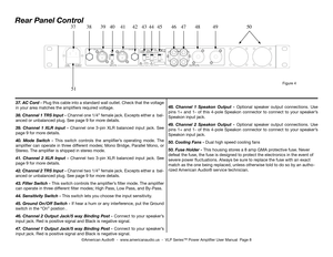 Page 8rear Panel Control
37. aC Cord - Plug this cable into a standard wall outlet.  check that the voltage 
in your area matches the amplifiers required voltage. 
38. Channel 1 trS Input - channel one 1/4” female jack.  excepts either a  bal-
anced or unbalanced plug. See page 9 for more details.
39.  Channel  1  XLr  input  - channel  one  3-pin  XLr  balanced  input  jack.  See 
page 9 for more details.
40.  Mode  Switch  - This  switch  controls  the  amplifier’s  operating  mode.  The 
amplifier can...
