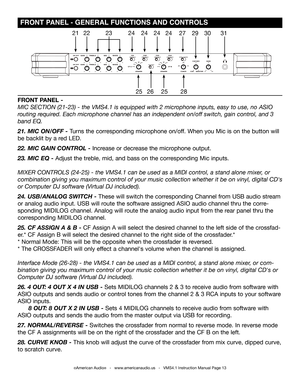 Page 13©American Audio®   -   www.americanaudio.us   -   VMS4.1 Instruction Manual Page 13
 FRONT PANEL - GENERAL FUNCTIONS AND CONTROLS
FRONT PANEL - 
MIC SECTION (21-23) - the VMS4.1 is equipped with 2 microphone inputs, easy to use, no ASIO 
routing required. Each microphone channel has an independent on/off switch, gain control, and 3 
band EQ.
21. MIC ON/OFF - Turns the corresponding microphone on/off. When you Mic is on the button will 
be backlit by a red LED.
22. MIC GAIN CONTROL - Increase or decrease...