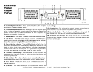 Page 5
1. Channel Signal Indicators - These green and yellow Led’s will glow 
according to the average signal output.
2.  Channel  Protect  Indicator  -  The  red protect  Led  will  begin  to  glow 
when the channel goes into protect mode. When the channel goes into 
protect mode all output for that channel will turn off. This is to protect any 
speakers connected to the channel.
3.  Power Switch - This switch is used to control the units main power. 
4.  LCd  Screen  - This  Lcd  screen  lets  you  know  the...