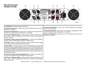 Page 6
rear Panel Control
VX1000 & VX1500
21. Cooling Fans - dual high speed cooling fans
22.  Channel a  XLr  Input  - channel  two  3-pin  XLr  balanced  input  jack.  See 
page 9 for more details.
23. Channel a XLr outputs - Channel two 1/4” female jack. Excepts either a  
balanced or unbalanced plug. See page 9 for more details.
24.  Channel  2  Speakon  output  - optional  speaker  output  connections.  use 
pins 1+ and 1- of this 4-pole Speakon connector to connect to your speaker’s 
Speakon input jack....