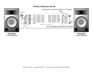 Page 15©American Audio®  -  www.americanaudio.us  -  XLT Series Power Amplifier User Manual  Page 15
TYPICAL PARALLEL SET-UP
SPEAKERS
4 OHM MINIMUM
SPEAKERS
4 OHM MINIMUM
Figure 15
Use Channel 1 Inputs Only (XLR or 1/4” Jacks)
Set the Operation Mode switch to Parallel  