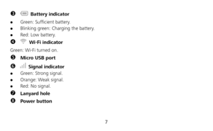Page 8 
7 
  Battery indicator 
 Green: Sufficient battery.  Blinking green: Charging the battery.  Red: Low battery. 
  Wi-Fi indicator 
Green: Wi-Fi turned on. 
 Micro USB port 
  Signal indicator  Green: Strong signal.  Orange: Weak signal.  Red: No signal. 
 Lanyard hole 
 Power button  