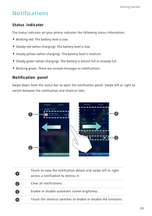 Page 27Getting started 
23
Notifications
Status indicator
The status indicator on your phone indicates the following status inform\
ation:
• Blinking red: The battery level is low.
• Steady red (when charging): The battery level is low.
• Steady yellow (when charging): The battery level is medium.
• Steady green (when charging): The battery is almost full or already fu\
ll.
• Blinking green: There are unread messages or notifications.




1Touch to view the notification details and swipe left or right...