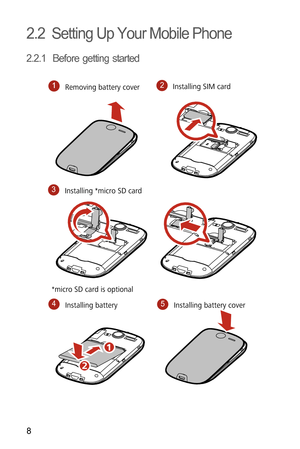 Page 118
2.2  Setting Up Your Mobile Phone
2.2.1  Before getting started
1Removing battery cover2Installing SIM card
3Installing *micro SD card
4Installing battery5Installing battery cover *micro SD card is optional 