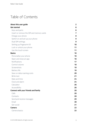 Page 3Table of Contents
About this user guide2
Get started6
Keys and parts6
Insert or remove the SIM and memory cards7
Charge your phone8
Switch on and set up your phone9
Dual SIM settings9
Setting up fingerprint ID10
Lock or unlock your phone11
Use the touch screen11
Basics16
Personalise your phone16
Open and close an app16
Notifications17
Control volume18
Screenshots19
Battery life19
Save on data roaming costs20
Write text21
Date and time24
Clock and alarm24
Calculator26
Accessibility26
Connect with your...