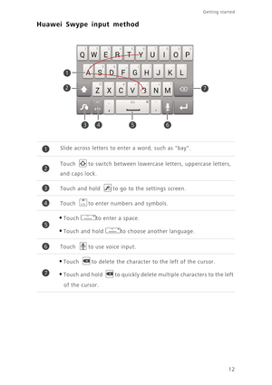 Page 16Getting started 
12
Huawei Swype input method
Slide across letters to enter a word, such as bay.
Touch to switch between lowercase letters, uppercase letters, 
and caps lock.
Touch and hold to go to the settings screen.
Touch to enter numbers and symbols.
•Touch to enter a space. 
•Touch and hold to choose another language. 
Touch to use voice input. 
•Touch to delete the character to the left of the cursor. 
•Touch and hold to quickly delete multiple characters to the left 
of the cursor. 
2
3456
1
7
1...