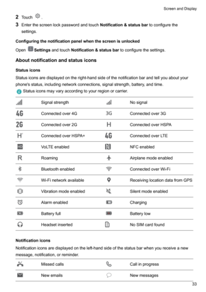 Page 392Touch.
3 Enterthescreenlockpasswordandtouch Notification&statusbartoconfigurethe
settings.
Configuringthenotificationpanelwhenthescreenisunlocked Open
Settings andtouch Notification&statusbar toconfigurethesettings.
Aboutnotificationandstatusicons Statusicons
Statusiconsaredisplayedontheright-handsideofthenotificationbarandtellyouaboutyour
phone'sstatus,includingnetworkconnections,signalstrength,battery,andtime....