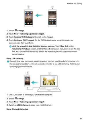 Page 671EnableSettings .
2 Touch More!Tethering&portablehotspot .
3 Touch PortableWi-Fihotspot andswitchonthehotspot.
4 Touch ConfigureWi-Fihotspot .SettheWi-Fihotspotname,encryptionmode,and
password,andthentouch Save.
Limittheamountofdatathatotherdevicescanuse TouchDatalimit onthe
PortableWi-Fihotspot screen,andthenfollowtheonscreeninstructionstosetthedata
limit.YourphonewillautomaticallydisabletheWi-Fihotspotwhenconnecteddevices...