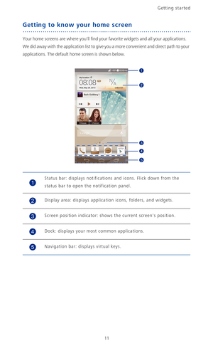Page 16Getting started 
11
Getting to know your home screen
Your home screens are where youll find your favorite widgets and all your applications. 
We did away with the application list to give you a more convenient and direct path to your 
applications. The default home screen is shown below.
Status bar: displays notifications and icons. Flick down from the 
status bar to open the notification panel.
Display area: displays application icons, folders, and widgets.
Screen position indicator: shows the current...