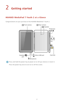 Page 62
2 Getting started
HUAWEI MediaPad 7 Youth 2 at a Glance
Congratulations on your purchase of the HUAWEI MediaPad 7 Youth 2.
 Press and hold the power key to power on or off your device or restart it.
Press the power key once to turn on or off the screen.
Front camera Rear camera
Speaker
Power key
Vo l u m e 
key
Card slot
Micro-USB port
Microphone Headset 
jack 