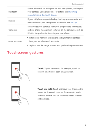 Page 14Getting started 
9
Touchscreen gestures
Bluetooth
Enable Bluetooth on both your old and new phones, and import 
your contacts using Bluetooth. For details, see 
Importing 
contacts from a Bluetooth device.
BackupIf your old phone supports Backup, back up your contacts, and 
restore them to your new phone. For details, see 
Backup.
Computer
Synchronize your contacts from your old phone to a computer, 
and use phone management software on the computer, such as 
HiSuite, to synchronize them to your new...