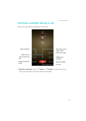 Page 77Calls and Contacts  
70
Functions available during a call
During a call, your phone will display an in-call menu.
• Hide the in-call menu: Touch Home or Return. To return to the in-call 
menu, touch the green status bar at the top of the screen.
Mute the call
Start a three-way 
call
Enable hands-free 
modeOpen the dialer
End call Display your 
contacts View your notes Place the current 
call on hold
Open Calendar 