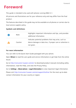 Page 5Foreword
1
Foreword
This guide is intended to be used with phones running EMUI 3.1.
All pictures and illustrations are for your reference only and may differ from the final 
product.
The features described in this guide may not be available on all phones or carriers due to 
local service supplier policy.
Symbols and definitions
For more information
You can refer to the Quick Start Guide packaged with your phone.
Open 
HiCare to read the user guide and service information or get help from the online...