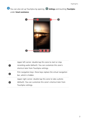 Page 12Highlights
7
 
You can also set up Touchplus by opening Settings and touching Touchplus 
under 
Smart assistance.
Upper left corner: double-tap this zone to start or stop 
recording audio (default). You can customize this zones 
shortcut later from Touchplus settings.
Film navigation keys: these keys replace the virtual navigation 
bar, which is hidden.
Upper right corner: double-tap this zone to take a photo 
(default). You can customize this zones shortcut later from 
Touchplus settings.



1
2
3 
