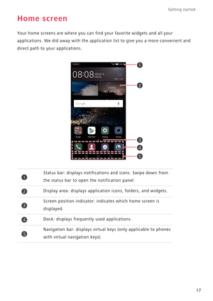 Page 22Getting started 
17
Home screen
Your home screens are where you can find your favorite widgets and all your 
applications. We did away with the application list to give you a more convenient and 
direct path to your applications.
Status bar: displays notifications and icons. Swipe down from 
the status bar to open the notification panel.
Display area: displays application icons, folders, and widgets.
Screen position indicator: indicates which home screen is 
displayed.
Dock: displays frequently used...